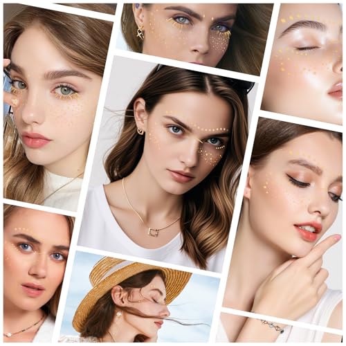 Mittimiya Gold Glitter Freckles Face Tattoo - 12 Sheets Waterproof Fairy Speckles Makeup Patches for Festivals and Raves
