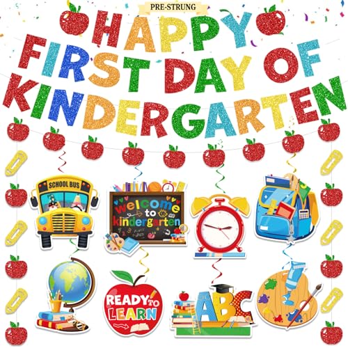 First Day of Kindergarten Banner Set with Hanging Swirls - No-DIY Decor for Photo Backdrops
