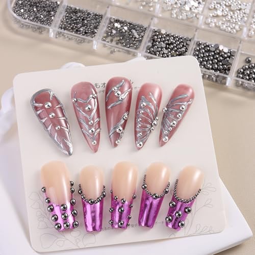 Furtherpretty Metal Nail Caviar Beads Silver Black Half Round Charms Set