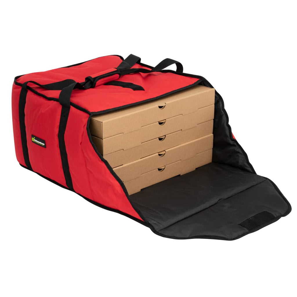 Restaurantware-Delivery Tek 19.5 x 19.5 x 12.5 Inch Insulated Pizza Bag, 1 Durable Delivery Bag - Holds (5) 18" or (6) 16" Pizza Boxes, Machine Washable, Red Polyester, Extra-Large Flap