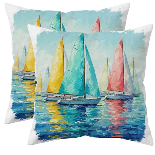 Pastel Sailboat Throw Pillow Covers - 20x20 Inch Set of 2