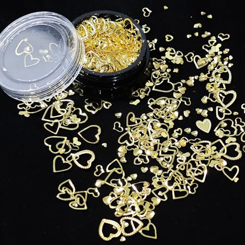 Gold Heart Nail Charms 3D Metal Art Studs Mix Size Manicure Decoration