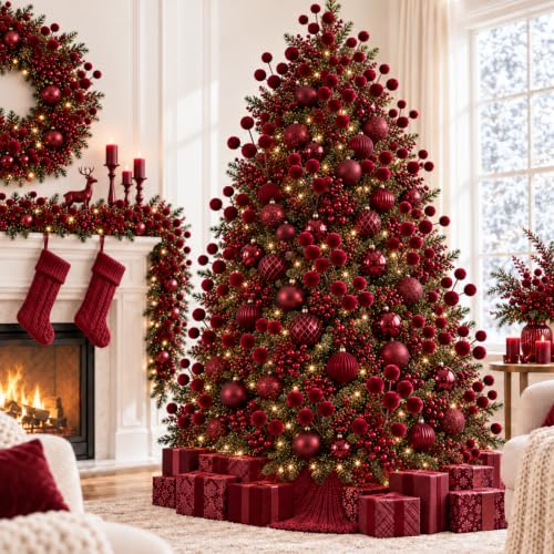 Velvet Christmas Tree Picks Set - Burgundy, 16 Pieces, 14 Inch Holiday Decor