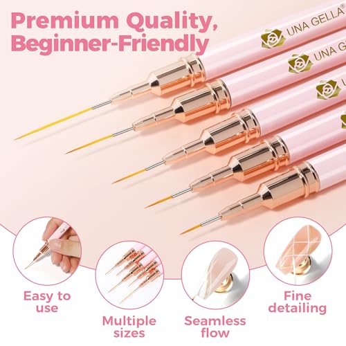 UNA GELLA Metallic Nail Art Brushes - 5-Piece Fine Liner Pen Set for Gel Polish & Detailing