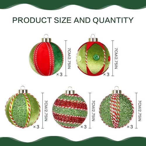 Christmas Ball Ornaments Set - Red and Green Velvet Decorations, 15PCS 80MM