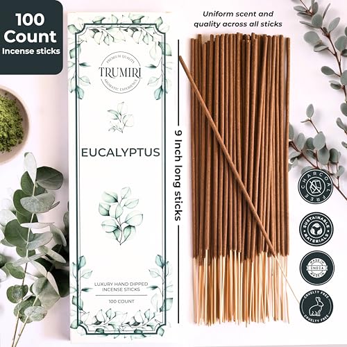 TRUMIRI Eucalyptus Incense Sticks - 100 Pack Natural Handcrafted Agarbatty