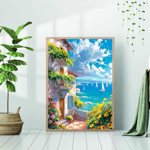 NebuIuxe 5D Diamond Painting Kit, Mediterranean Coastal Scene 12x16 Inch