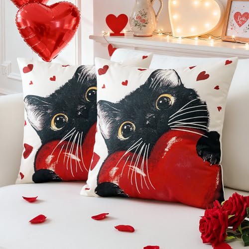 OTOSTAR Valentine's Day Decorative Pillow Covers Set of 2 - 18x18 Inch Red Heart Black Cat