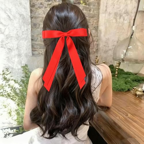 Dladhict Red Satin Hair Bow Clips with Long Ribbons for Women & Girls