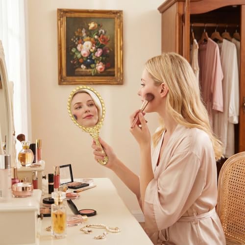 Vintage Hand Mirror with Handle - Retro Oval Embossed Golden Makeup Mirror