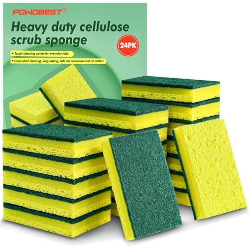 POWOBEST Heavy Duty Scrub Sponges, Dual-Sided Kitchen Sponge - 24 Pack