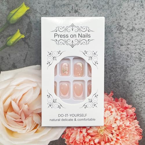 Valentine's Day Short Square Press on Nails with Gold Foil Heart Design