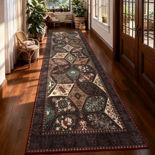 Vintage Kitchen Runner 2.7x8 ft Distressed Patchwork Rug Brown Burgundy Variation