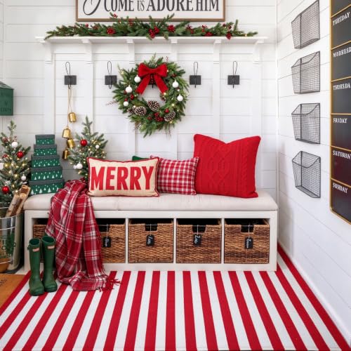 Christmas Outdoor Mat 4x6 ft Red and White Striped Rug Front Porch Decor - Layered Welcome Doormat