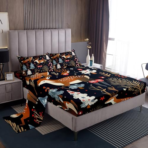 Feelyou Botanical Deer Sheet Set Full Size - Blue & Brown 4PCS Kids Bedding