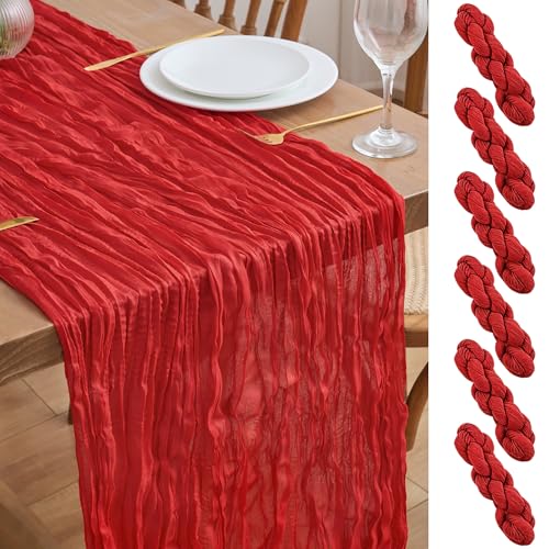 6 Pack Red Cheesecloth Table Runners - 10FT Rustic Boho Holiday Decor
