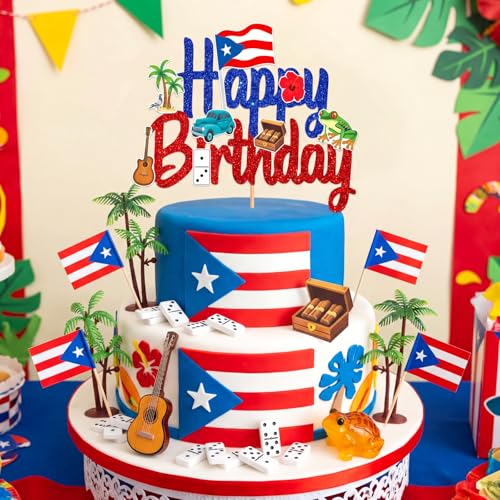 Puerto Rican Birthday Cake Topper Set with Glitter Decorations - Cultural Celebration
