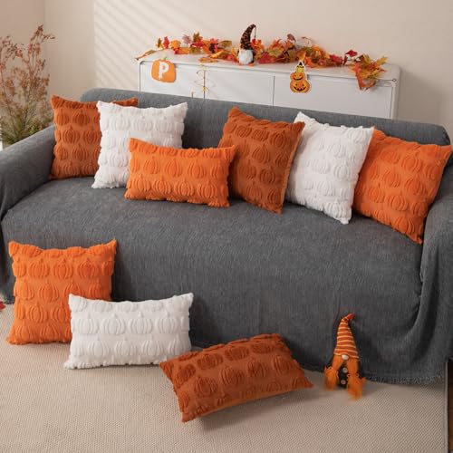 Fall Pillow Covers Set of 2 | 18x18 Rust Pumpkin Plush Cases