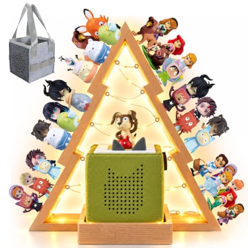 Christmas Tree Tonie Shelf - Wooden Storage for 36-48 Figures with LED Light - Wall-Mountable or Desktop Display