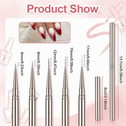 Ziuohaa 5-Piece Nail Art Liner Brush Set with Metal Handles and Caps
