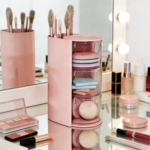 3-Tier Rotating Hair Accessories Organizer with Brush Holder - Pink