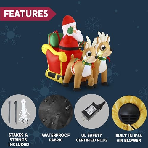 6 FT Inflatable Santa Sleigh with Reindeer Christmas Yard Decor with LED Lights