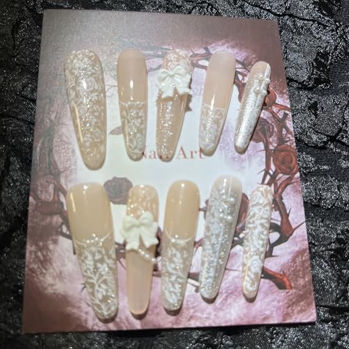 MellowBells Handmade White Press-on Nails - 10pc Long Luxury Set