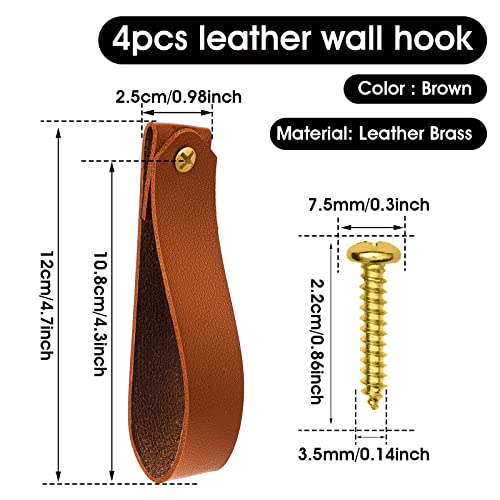 Abeillo 4 Pcs Leather Wall Hooks - Brown PU Leather Hanging Strap Hanger