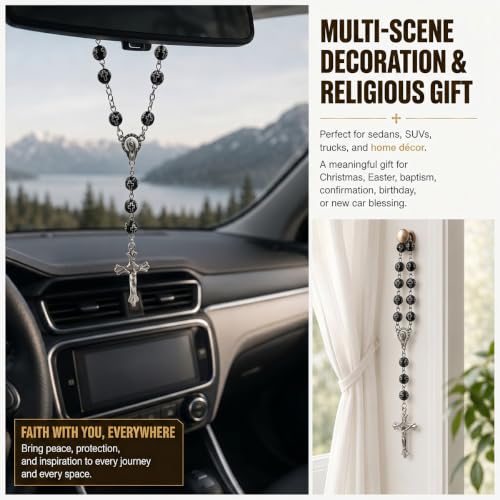 Personalized Cross Car Pendant - Elegant Rosary Rearview Mirror Decoration
