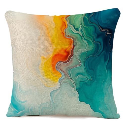LAVVIEGO Multi-003 18x18 Abstract Marble Pillow Cover Teal Blue Orange Green Linen Blend