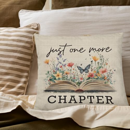 Just One More Chapter Pillow Cover, 18x18 Bookish Floral Throw Case