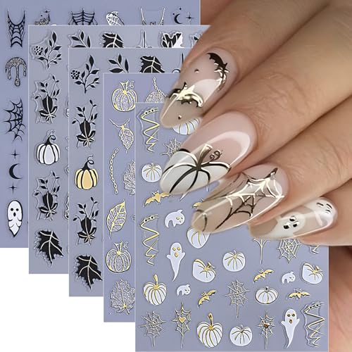 Sutaozhi 5Pcs Fall & Halloween Nail Art Stickers 3D Self-Adhesive Pumpkin Maple Leaf Decals
