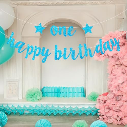 Blue Glitter 1st Birthday Banner for Baby Boy Party Decorations