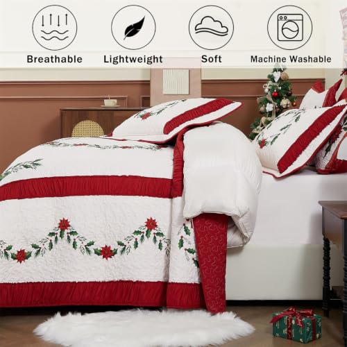 King Size Poinsettia Floral Bedspread Set with 2 Pillow Shams - Reversible Christmas Bedding