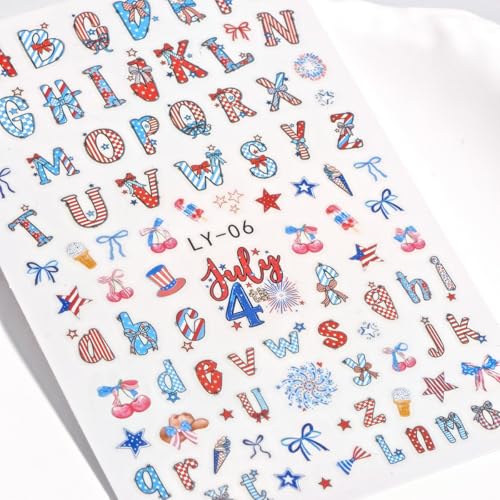 4th of July Nail Stickers - 6 Sheets Patriotic Red White and Blue Self-Adhesive Nail Decals