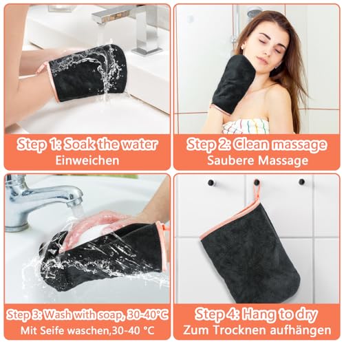 PHOGARY 8-Pack Microfiber Wash Mitts, Soft Coral Fleece Face & Body Cloths, Black