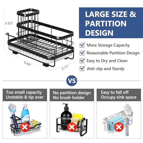 Trendy Sink Caddy Kitchen Organizer with Drain Tray - Rustproof Dish Storage Rack