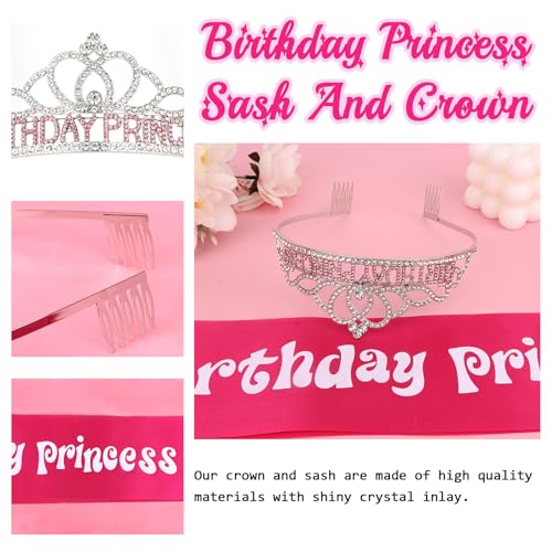 CURASA Birthday Princess Crown and Hot Pink Sash Set for Women