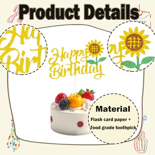 Sunflower Happy Birthday Cake Topper - Gold Glitter Decor