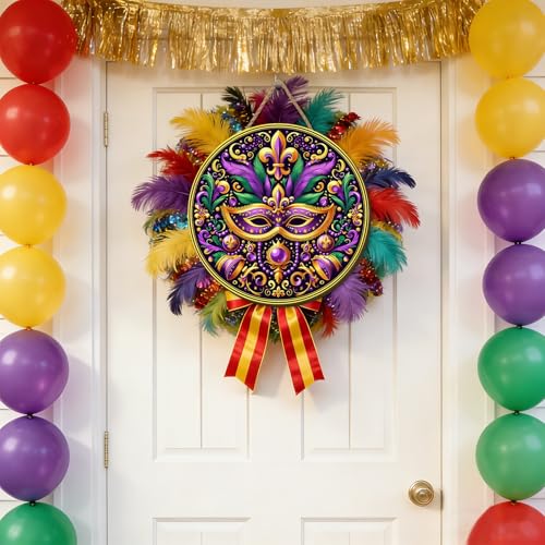 Mardi Gras Wooden Door Wreath 12x12 Inch Carnival Welcome Sign
