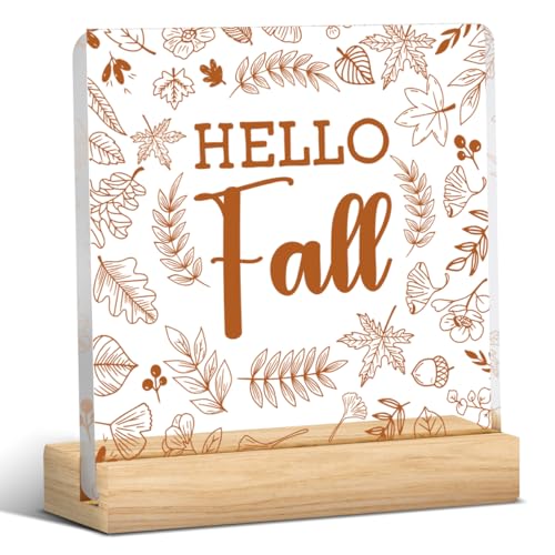 Fall Acrylic Sign with Wooden Base - 4x4 Inch Thanksgiving & Autumn Office Desk Decor