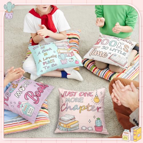 Tranqun Pastel Book Throw Pillow Covers Set of 4 Classroom Reading Decor, 18x18 Inches