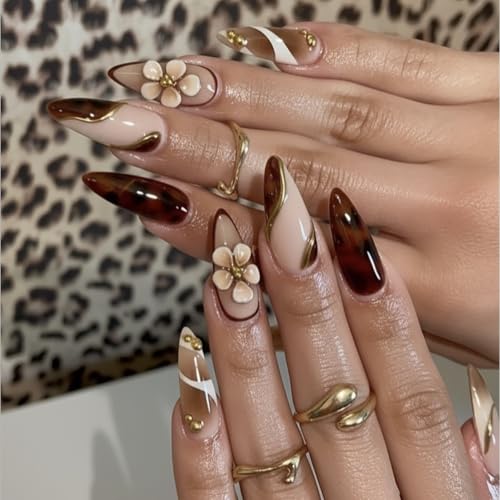 Long Almond Press on Nails Luxury False Nails with Floral Design & Gold Accents 24pcs