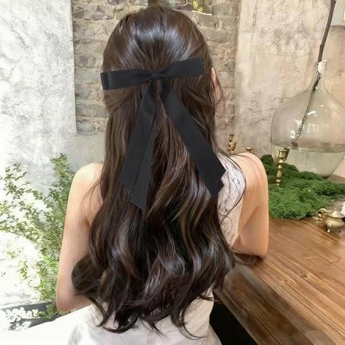 Black Satin Hair Bows for Women & Girls - 2PCS Elegant Ribbon Clips
