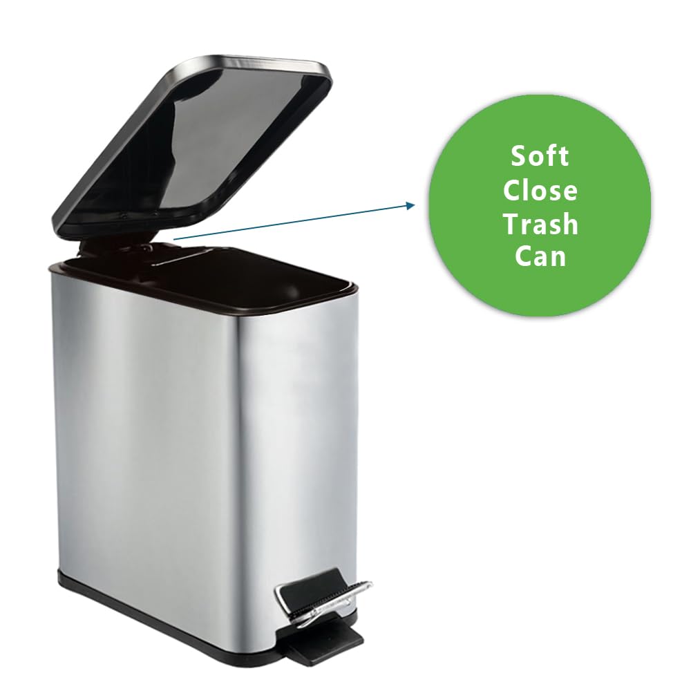 Stainless Steel Small Trash Can - 6L Soft Close Garbage Can with Lid & Step Pedal | Chrome Finish for Bathroom, Bedroom, Kitchen & Office