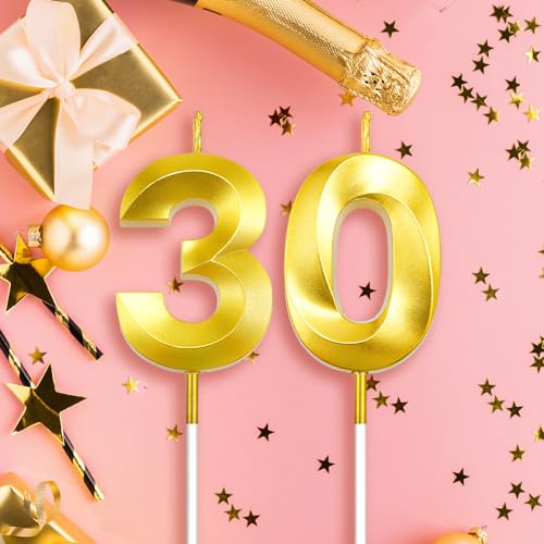 Gold Number 30 Birthday Candles - Elegant Cake Topper Set