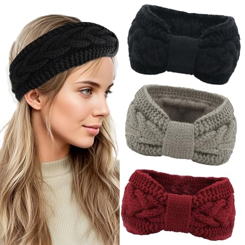 AMCAMI Fleece Lined Winter Headbands for Women 3 Pack Knit Ear Warmers