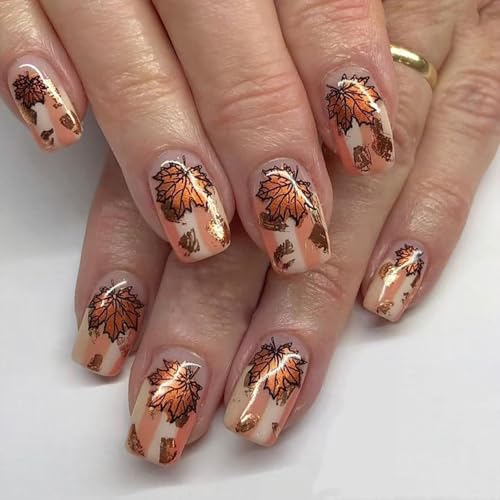 Fall Press on Nails Short Square False Nails Maple Leaf Gold Leaf Acrylic Nails 24Pcs