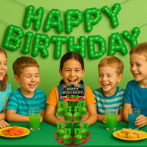 Pixe l Style 3-Tier Cupcake Stand for Gamer & Adventure Party, Kids Birthday Decoration - XCX PIXEL