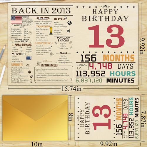 13th Birthday Card and Party Decoration Sign - 8x10 Inch Gift for Teens
